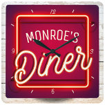 Custom YOUR NAME Red Faux Neon Sign Retro Diner Square Wall Clock<br><div class="desc">Personalise this truly unique,  one-of-a-kind Retro Vintage American FAUX Neon Sign Style Custom Retro Diner Gift. Perfect addition to your retro home kitchen decor! Personalised with your Name or Custom Text! The coolest 1950's look around...  Faux Neon Sign - Rockabilly Hot Rod Hotrod Kustom Mum's Diner Cafe</div>