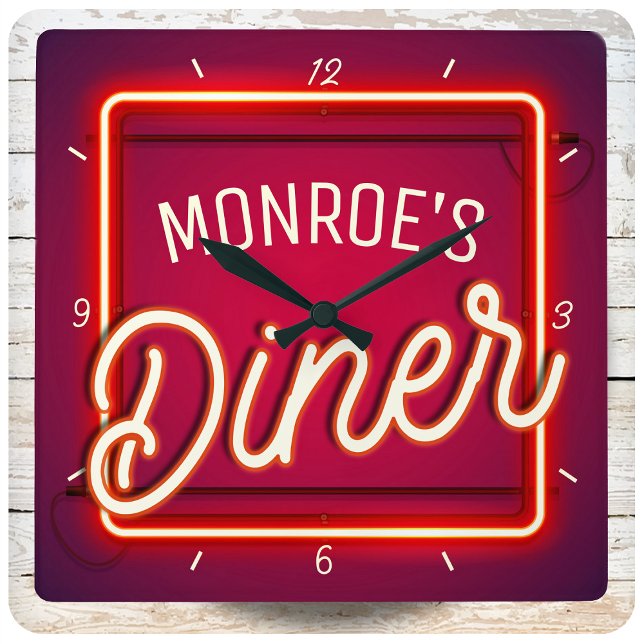 Custom YOUR NAME Red Faux Neon Sign Retro Diner Square Wall Clock (Creator Uploaded)