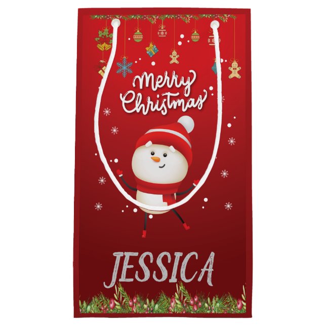 Custom Your Name, Snowman Merry Christmas Small Gift Bag (Front)