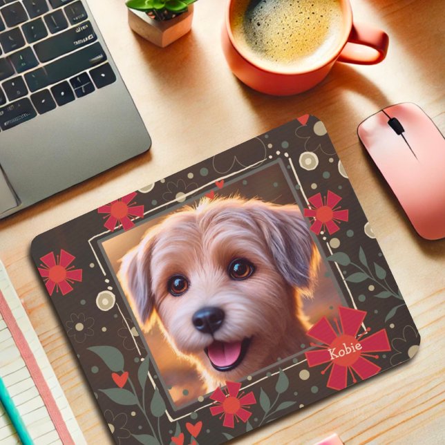 Custom Your Photo Name Fun Brown Red Floral  Mouse Mat (Creator Uploaded)