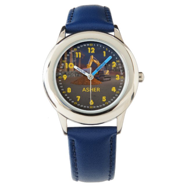 Custome Name 3D Yellow Excavator Kids Watch (Front)