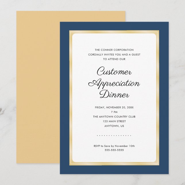 Customer Appreciation Dinner | Navy Blue and Gold Invitation (Front/Back)