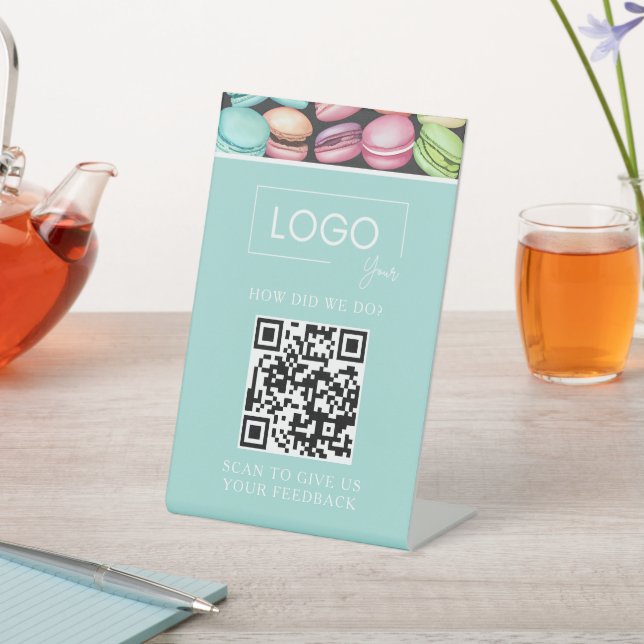 Customer Feedback QR Code | French Macaron Mint Pedestal Sign (In SItu)