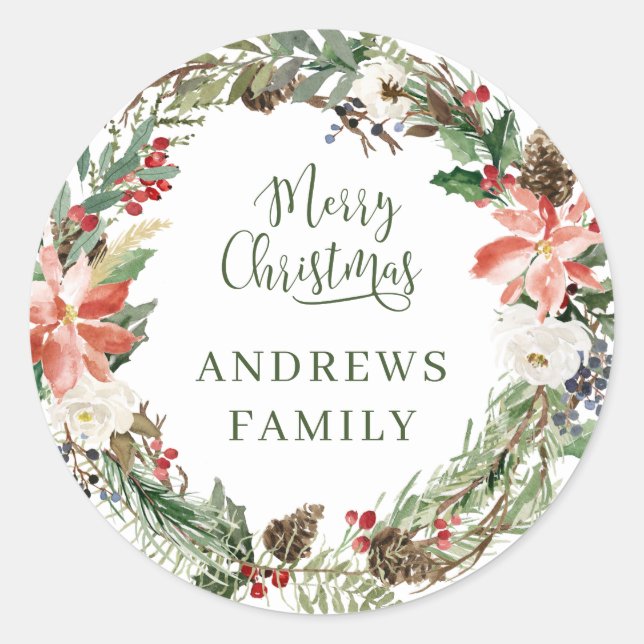 Customer specific Merry Christmas! Wreath Classic  Classic Round Sticker (Front)