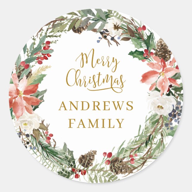 Customer specific Merry Christmas! Wreath Classic Round Sticker (Front)