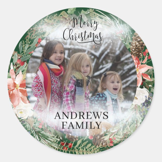 Customer specific Photo Merry Christmas! Wreath  C Classic Round Sticker (Front)