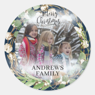 Customer specific Photo Merry Christmas! Wreath Classic Round Sticker