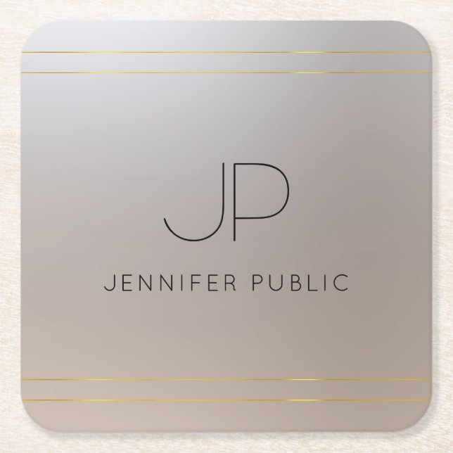 Customer Template Gold Silver Monogrammed Initial Square Paper Coaster (Front)