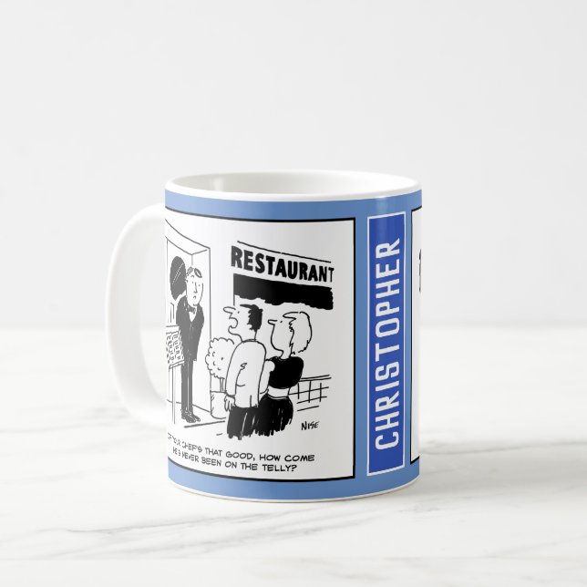 Customers at a Restaurant ask about Chef. Funny Coffee Mug (Front Left)