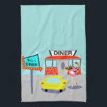 Customisable 1950's Diner Kitchen Towel<br><div class="desc">Serve up something special with this Customisable 1950's Diner Kitchen Towel. The cartoon drawing design features a red brick building with blue windows, grey double doors, and a white sign that says, "Diner" perched on the roof. In the parking lot, a second sign is on a pole. The sign has...</div>