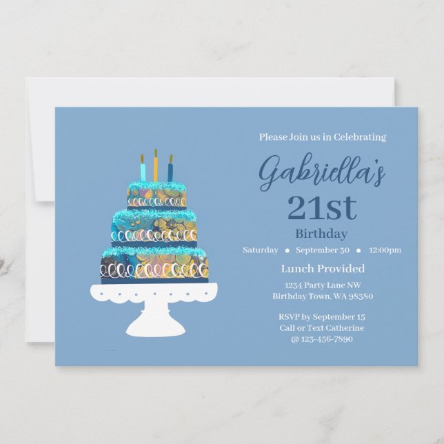 Customisable 21st Birthday Blue Layered Cake Invitation (Front)