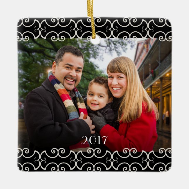 Customisable 2-sided Elegant Scrolls 2 Photo Ceramic Ornament (Front)