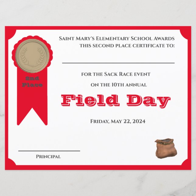 Customisable 2nd Place Award Certificate (Front)