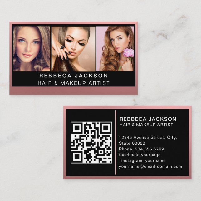 Customisable 3 Photo Salon Makeup Hair stylist  Business Card (Front/Back)