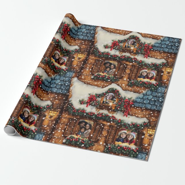 Customisable 3 Photos Ginger Bread House Wrapping Paper (Unrolled)
