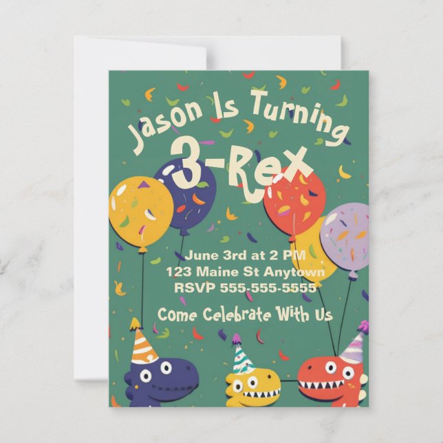 Customisable 3-Rex Dino Kids Birthday Invitation (Front)