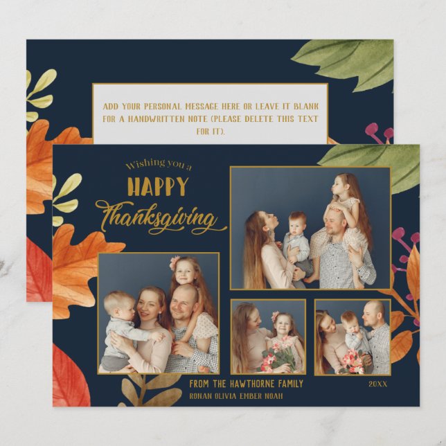 Customisable  4 Family Photos Thanksgiving Blue Card (Front/Back)