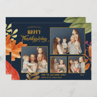 Customisable 4 Family Photos Thanksgiving Blue Card