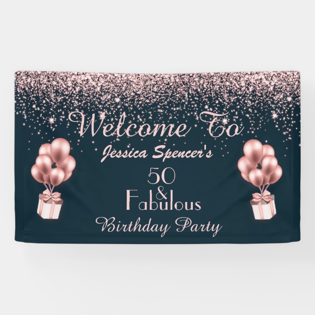 Customisable 50 & Fabulous Rose Gold 50th Birthday Banner (Horizontal)