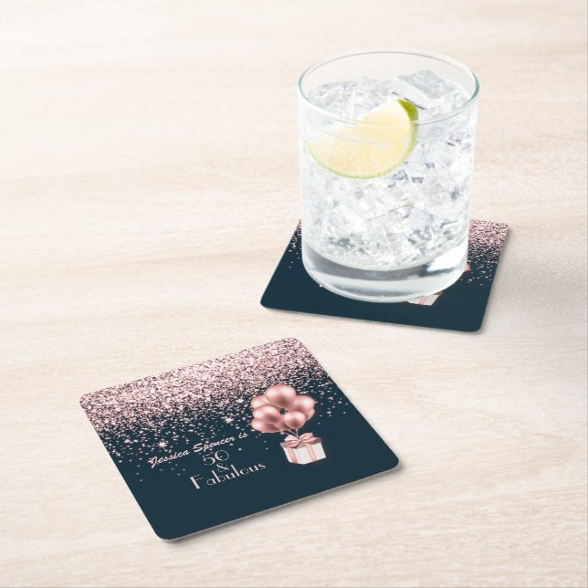 Customisable 50 & Fabulous Rose Gold 50th Birthday Square Paper Coaster (Insitu)