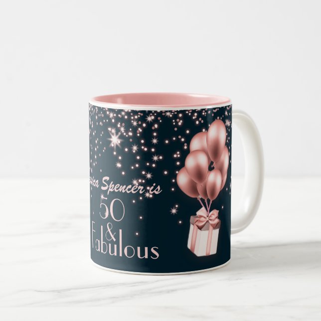 Customisable 50 & Fabulous Rose Gold 50th Birthday Two-Tone Coffee Mug (Front Right)