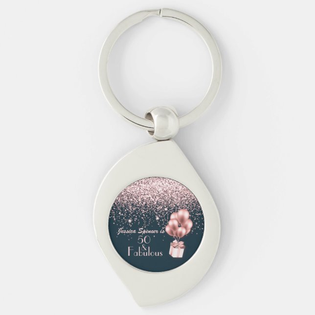Customisable 50 & Fabulous Rose Gold B'day Favour Key Ring (Front)