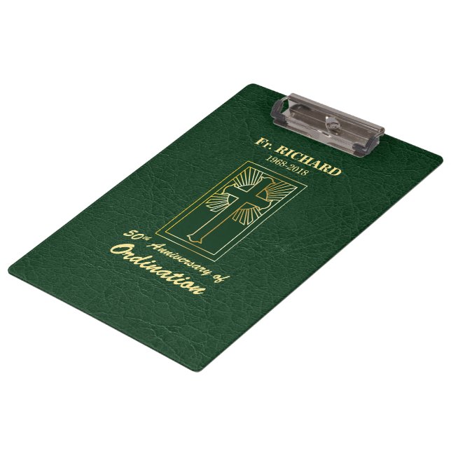 Customisable 50th Anniversary of Ordination Green Clipboard (Angled)