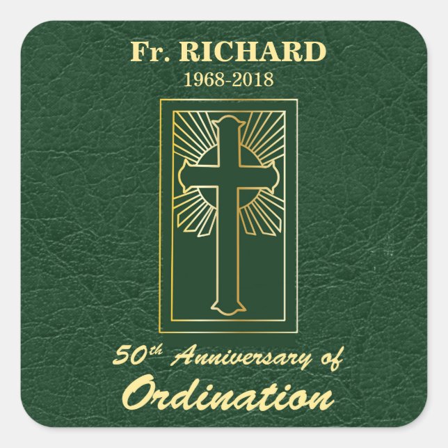 Customisable 50th Anniversary of Ordination Green Square Sticker (Front)