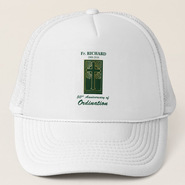 Customisable 50th Anniversary of Ordination Green Trucker Hat (Front)