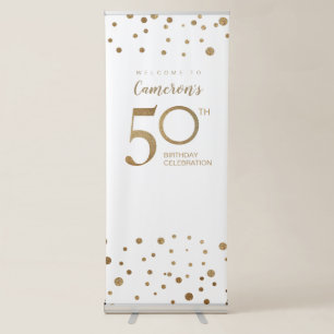Customisable 50th birthday party gold white rollup retractable banner
