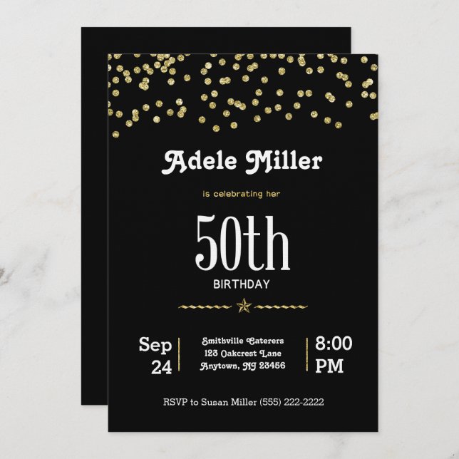 Customisable 50th Birthday with Glittering Gold Invitation (Front/Back)