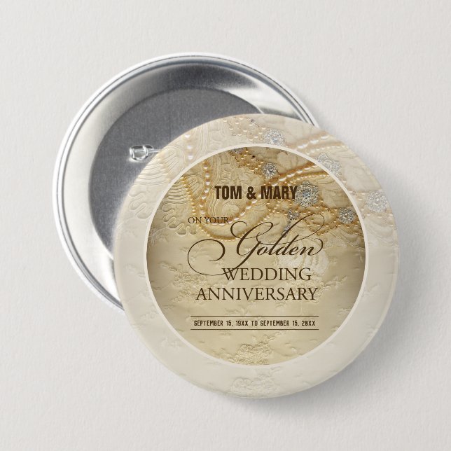 Customisable, 50th Wedding Anniversary Pearls 7.5 Cm Round Badge (Front & Back)