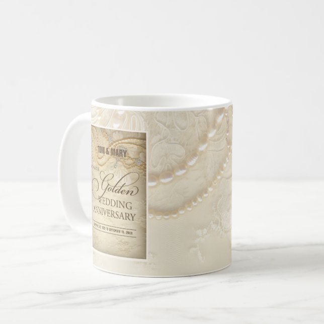 Customisable, 50th Wedding Anniversary Pearls Coffee Mug (Front Left)