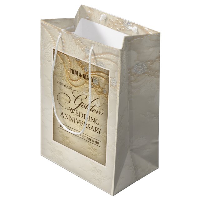Customisable, 50th Wedding Anniversary Pearls Medium Gift Bag (Front Angled)