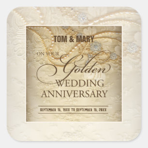 Customisable, 50th Wedding Anniversary Pearls Square Sticker
