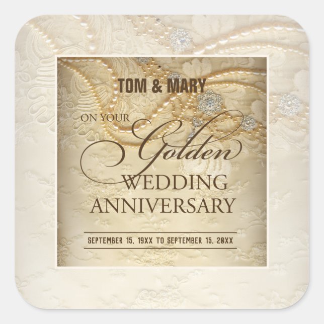 Customisable, 50th Wedding Anniversary Pearls Square Sticker (Front)