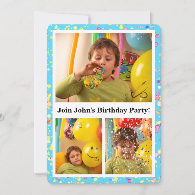 Customisable 5x7 Sky Blue Birthday Photo Collage I Invitation (Front)