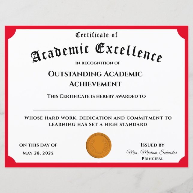Customisable Academic Achievement Certificate (Front)