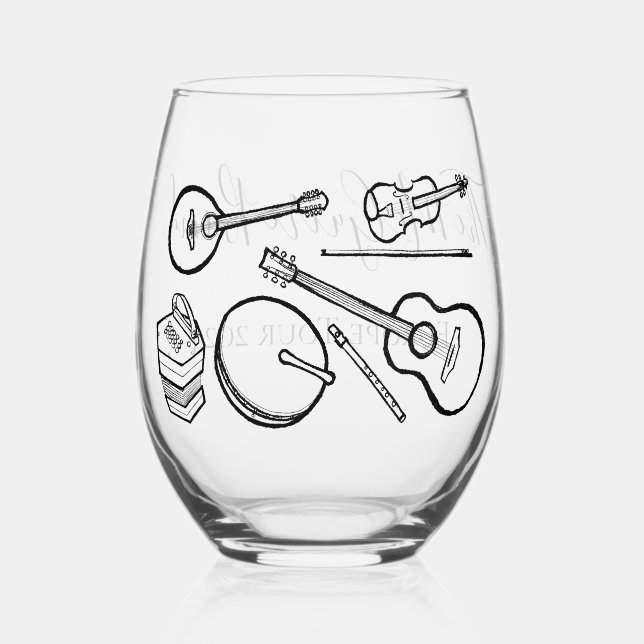 Customisable Acoustic Musical Instrument Memory Stemless Wine Glass (Front)