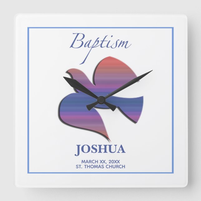 Customisable, Adult Baptism Dove Square Wall Clock (Front)