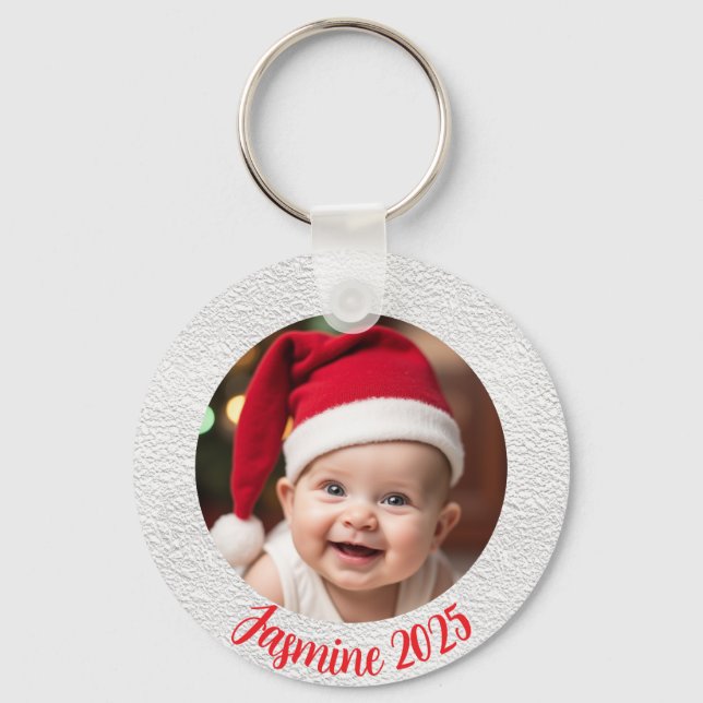 Customisable Aluminium Circle baby First Christmas Key Ring (Front)