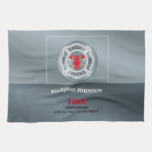 Customisable, Anniversary with Fire Department Tea Towel (Horizontal)