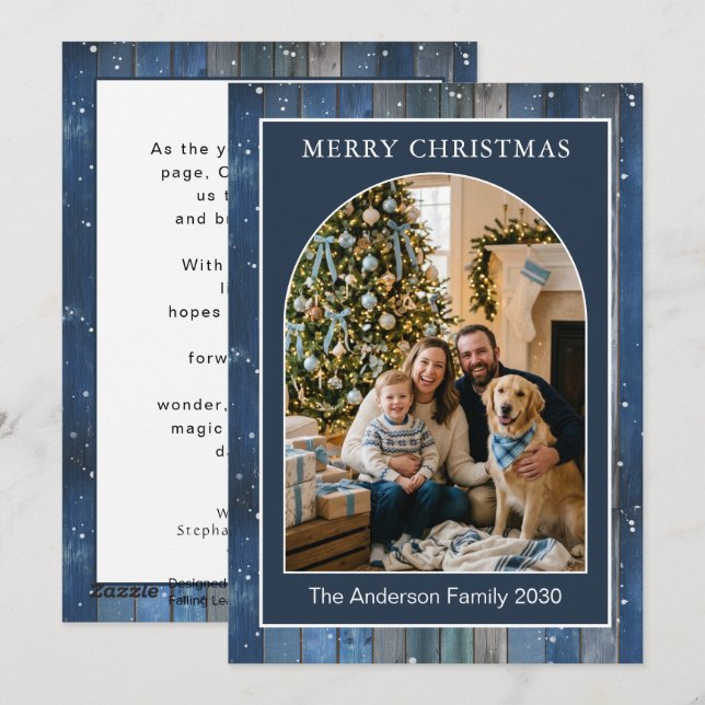Customisable Arched Blue Snow Rustic Photo Holiday Card (Front/Back)