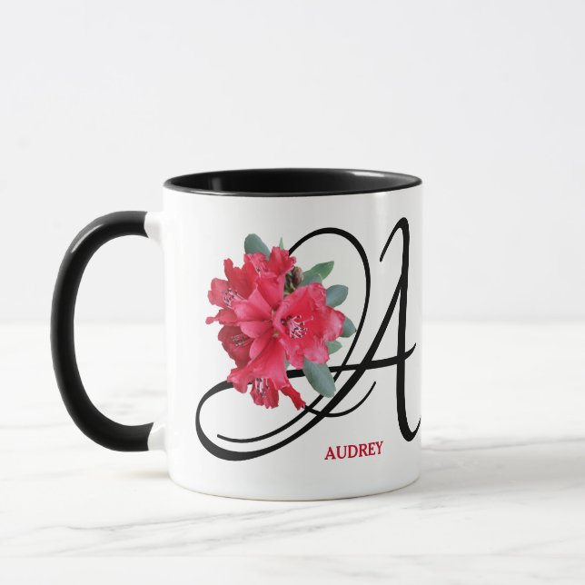 Customisable Audrey name beautiful red floral fun Mug (Left)