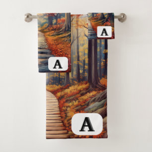 Customisable Autumn Forest Path with Monogram Bath Towel Set