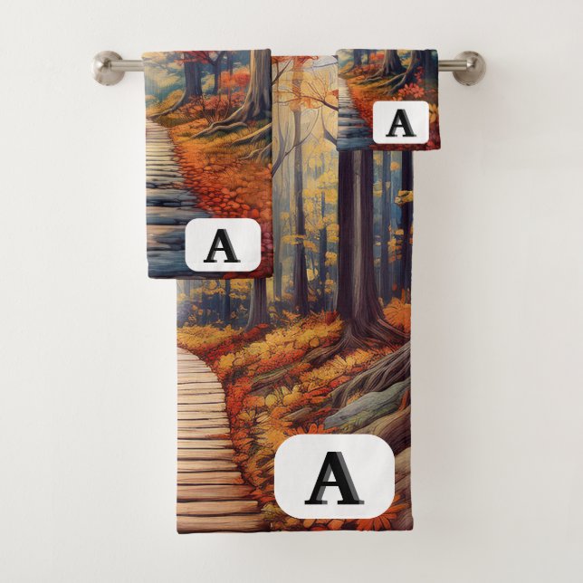 Customisable Autumn Forest Path with Monogram Bath Towel Set (Insitu)