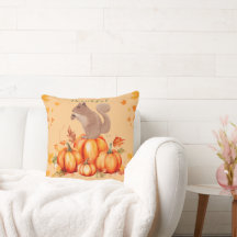 Customisable Autumn Squirrel Pumpkin Throw Pillow