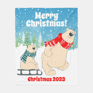 Customisable Baby Bear on Sled Merry Christmas Fleece Blanket