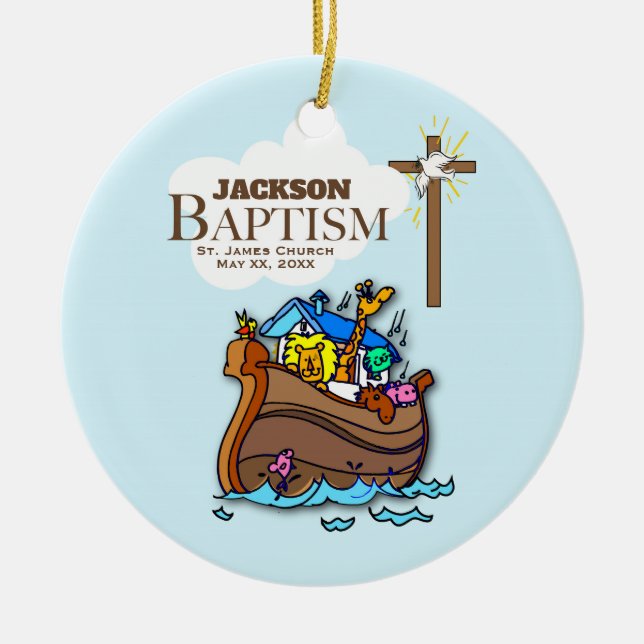 Customisable, Baby Boy Baptism Noah's Ark Ceramic Tree Decoration (Front)