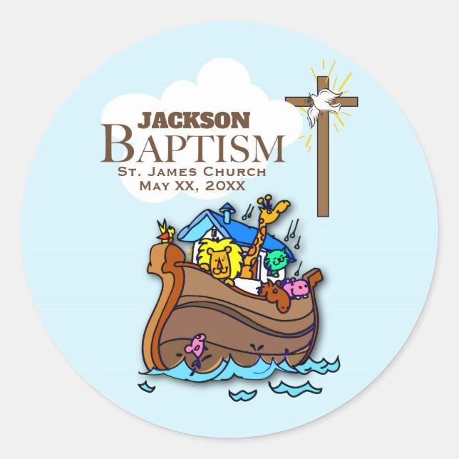 Customisable, Baby Boy Baptism Noah's Ark Classic Round Sticker (Front)